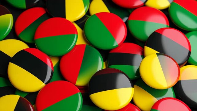 Pile of round glossy pins in Pan African flag colors for Juneteenth celebration and cultural pride events