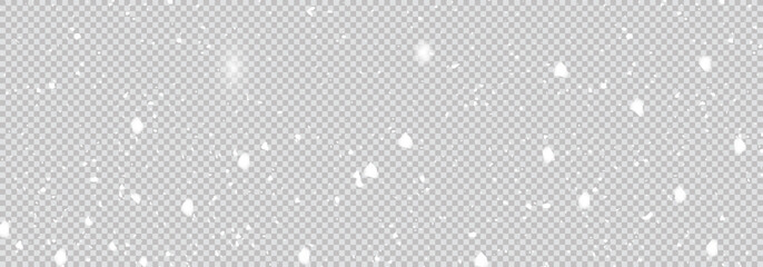 Winter snow overlay with falling snowflakes on  transparent background - realistic white flake particles floating down for Christmas design, holiday decoration and seasonal effect composition. © Creative