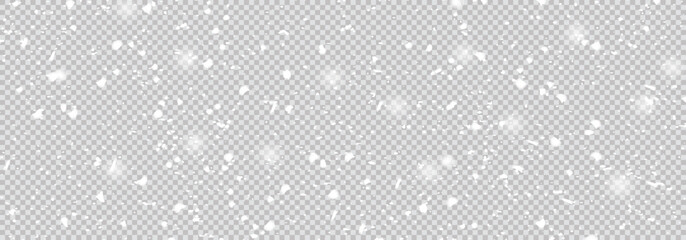 Winter snow overlay with falling snowflakes on  transparent background - realistic white flake particles floating down for Christmas design, holiday decoration and seasonal effect composition. © Creative