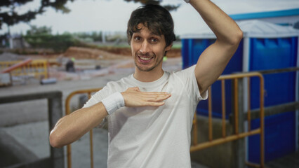 Man frames shot with both hands over white shirt at building site under daylight  creativity vision joy imagination. © Krakenimages.com