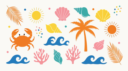 Vibrant beach icons and symbols in various colors on a light beige background with crab, palm tree, coral, and seashells © Saharia