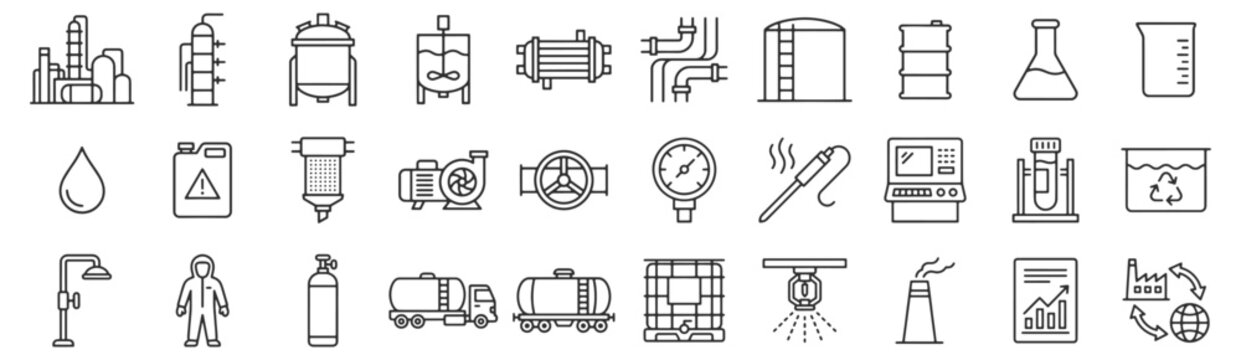 Chemical industry manufacturing line icon set. Plant complex, distillation column, reactor vessel, laboratory flask, safety shower outline vector illustrations. Signs for industrial processing.