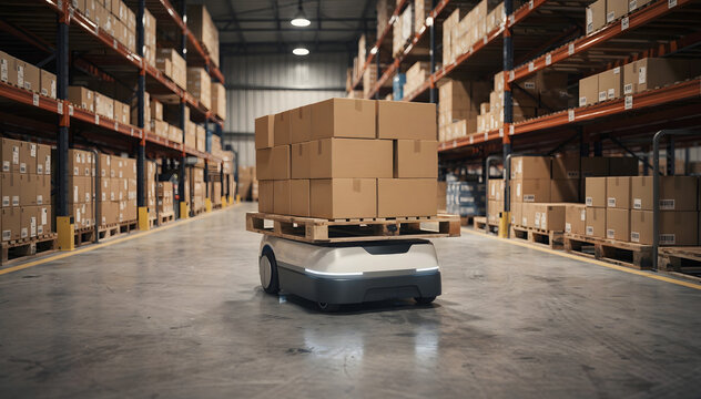 Automated Mobile Robot Transporting Cardboard Boxes on a Pallet in a Modern Warehouse with Tall Shelving Stacks and Organized Inventory