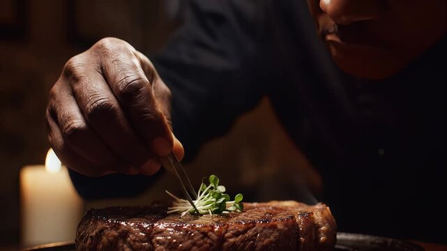 Culinary Artistry: A chef delicately garnishes a perfectly cooked steak, infusing a dish with both flavor and artistic expression.