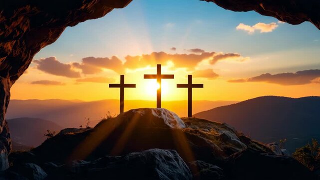 Silhouette of three crosses on a rocky hill at sunset viewed from the entrance of a dark cave with bright sun rays