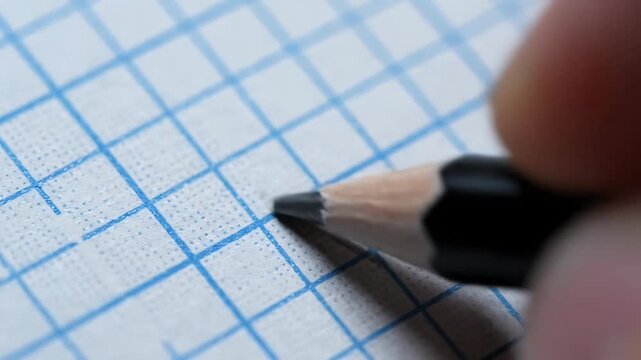 Macro Closeup of Wooden Pencil Drawing on Blue Grid Graph Paper