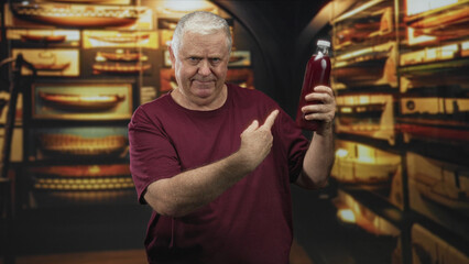 Obraz premium Man points finger to bottle of pomegranate juice while holding it, visible hand and cap, in a studio boat museum gallery; confidence.