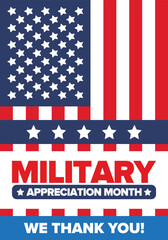 National Military Appreciation Month in May. Annual Armed Forces Celebration Month in United States. Patriotic american elements. Poster, card, banner and background. Vector illustration