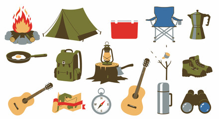 Camping gear icons tent campfire backpack guitar outdoors activities © adit
