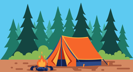 Camping scene illustration with tent campfire and trees outdoors in nature © adit