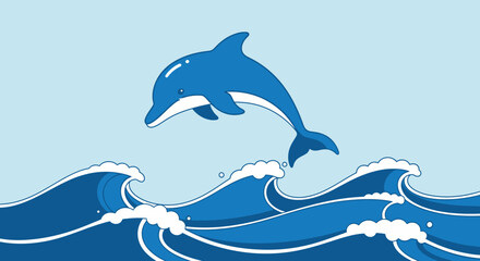 Cartoon dolphin jumping over ocean waves against light blue background © adit