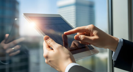Business professional using digital tablet in modern office with city view