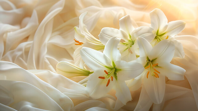 White Easter lilies blooming on soft beige silk fabric for wedding design