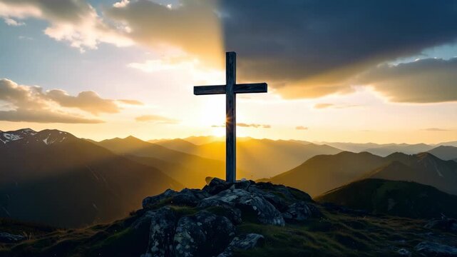 Wooden cross on a mountain peak at sunset with sun rays shining through clouds over a majestic valley