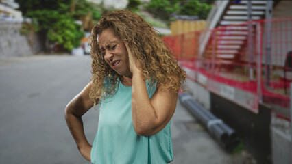 Naklejka premium Woman touching cheek with hand for toothache on a street beside a red metal staircase and black pipes; toothache pain.