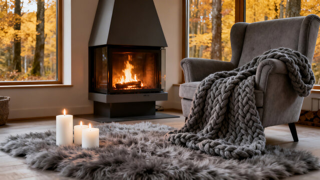 Cozy living room with armchair, fireplace, and candles on a fuzzy rug