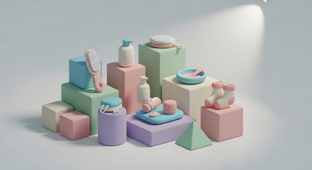 Pastel-Colored Cosmetic Products Displayed on Geometric Shapes