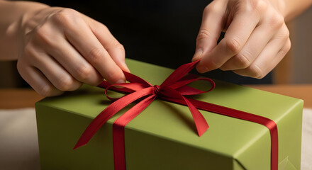 Hands tying red ribbon on green gift box for special occasion