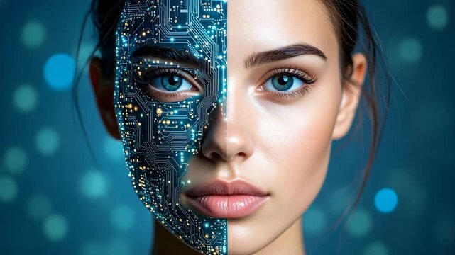 Young woman face split between human skin and blue glowing digital circuit board representing artificial intelligence