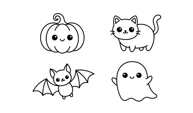 Kawaii Halloween Characters Outline Vector Set Cute Pumpkin Cat Bat Ghost Linear Illustration Isolated on White