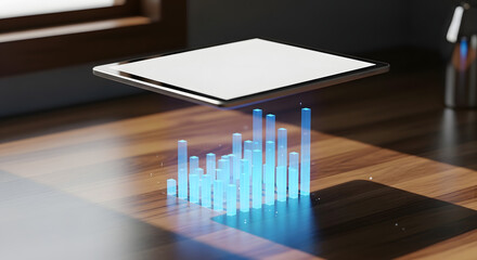 Futuristic tablet with holographic data display on wooden desk