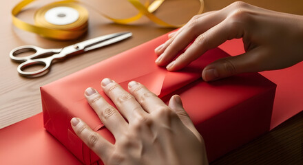 Hands wrapping a red gift box with ribbon on wooden table