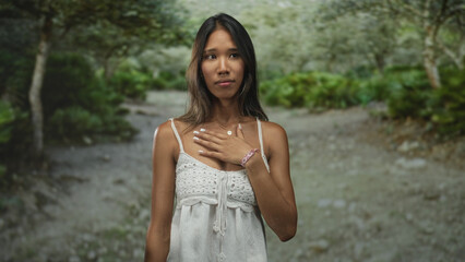 Naklejka premium Thai woman with hand on chest and closed eyes wearing white summer dress in a forest; serenity gratitude reflection.