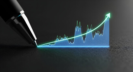 Futuristic pen drawing a glowing upward financial graph on dark background