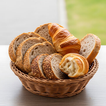Freshly baked croissants and baguettes in a rustic wicker basket on a wooden table