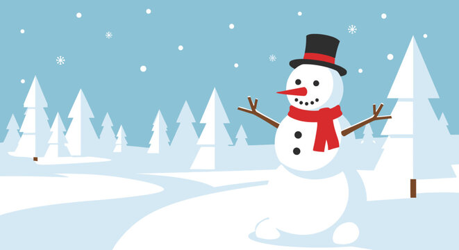 Cheerful snowman in a winter landscape with falling snow and fir trees