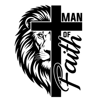 Man Of Faith Silhouette With Lion Face And Christian Cross, Religious Spiritual Design For Believers, Gospel Strength Vector Illustration