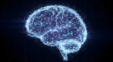 A glowing digital brain illustration with a network of connections on a dark background representing artificial intelligence and neuroscience