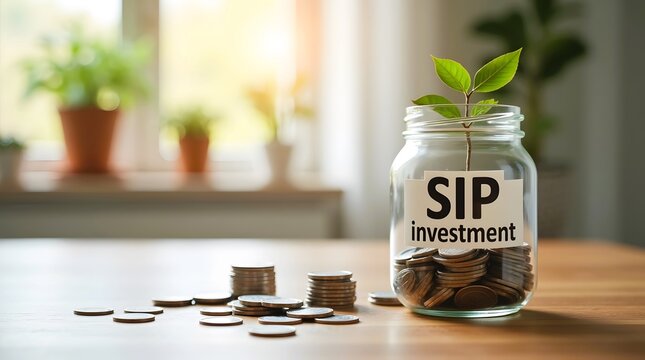 Sip investment savings jar with coins and young plant of long term financial growth and systematic investment planning with copy space