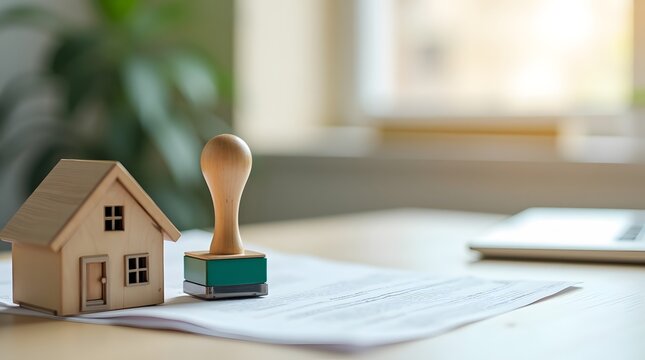 Small wooden house model with approval stamp on real estate document representing property approval mortgage or home purchase process