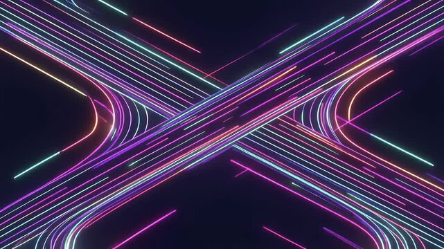 A vibrant abstract composition features intersecting neon lines in a spectrum of colors against a deep black background, creating a dynamic and futuristic visual effect.