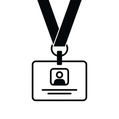 Simple black and white icon of an identification badge with camera