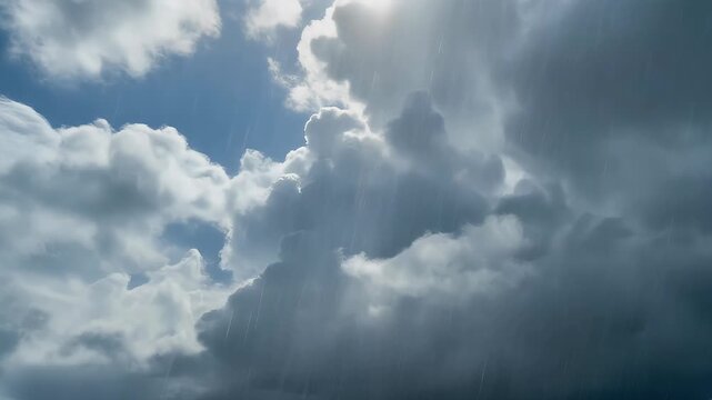 A dramatic sky filled with dark storm clouds and rain showers, illuminated by a bright patch of sunlight peeking through.