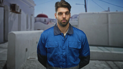 Hispanic man with beard in blue work overalls stands with hands behind back on sunlit street by white building and domed roof  weary duty. © Krakenimages.com