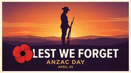 Silhouette of soldier remembering anzac day with sunset and poppy symbol