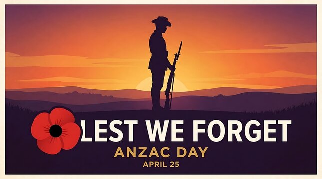 Silhouette of soldier remembering anzac day with sunset and poppy symbol