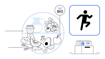 Healthy lifestyle concept. Healthy eating with organic food, fitness activities promoting an active life, and career focus. Healthy choices for wellness, fitness, career growth, work-life balance