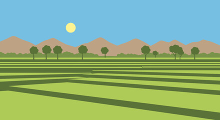 Geometric landscape illustration featuring sun trees and mountains