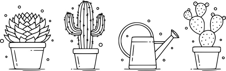 Indoor Succulent and Gardening Icon Set - Cactus, Watering Can and Houseplant Outline Vector