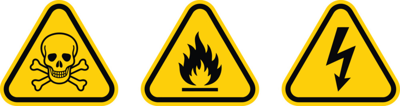 Set of Hazard Warning Signs &ndash; Toxic, Flammable and High Voltage Symbols