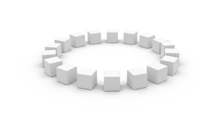 Fototapeta premium Modern circular arrangement of white cubes on plain background