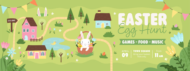 Fun hand drawn Easter design with cute bunnies, flowers and decorative elements, great as banners, wallpapers, poster - vector
