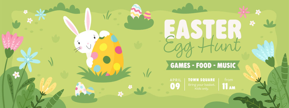 Fun hand drawn Easter design with cute bunnies, flowers and decorative elements, great as banners, wallpapers, poster - vector
