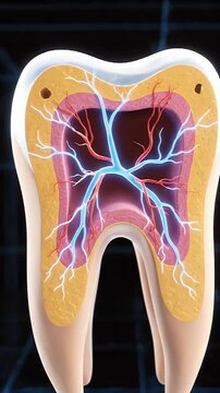 Detailed CGI cross-section of human tooth anatomy showing enamel dentin pulp and nerve structures with glowing blue energy on a dark scientific grid background educational visualization
