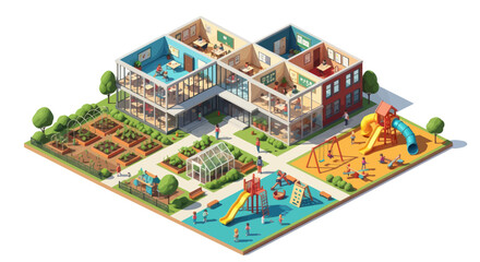 Obraz premium Modern school isometric view with playground, garden, and greenhouse