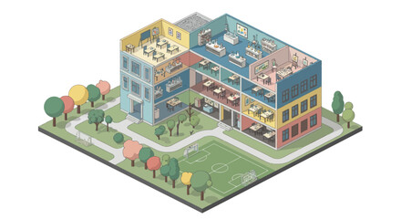Isometric View of a Modern Office Building with Cutaway Floors and Green Outdoor Space © Zahra